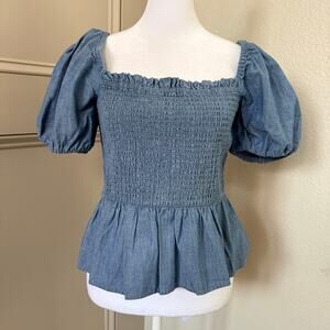 J Crew M Squareneck Smocked Chambray Puff Sleeve Top Cottagechic Preppy Denim